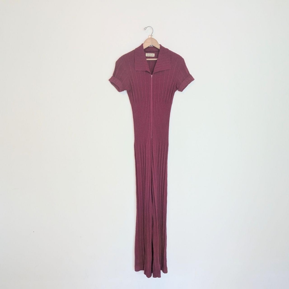 Vintage 70s Magenta Knit Short Sleeve Jumpsuit Jane Irwill Knit Disco Jumpsuit
